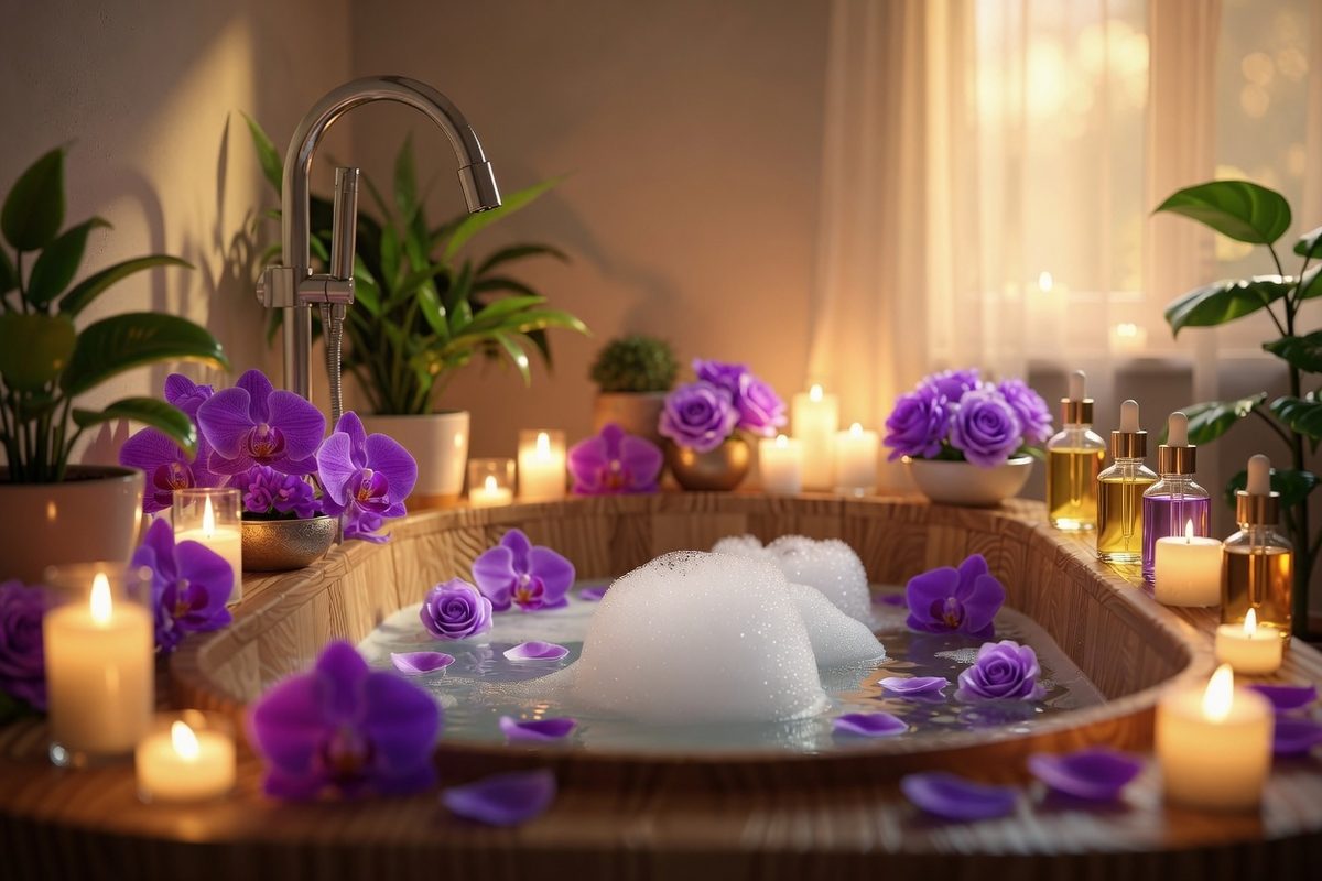 Home spa sanctuary with candles and orchids